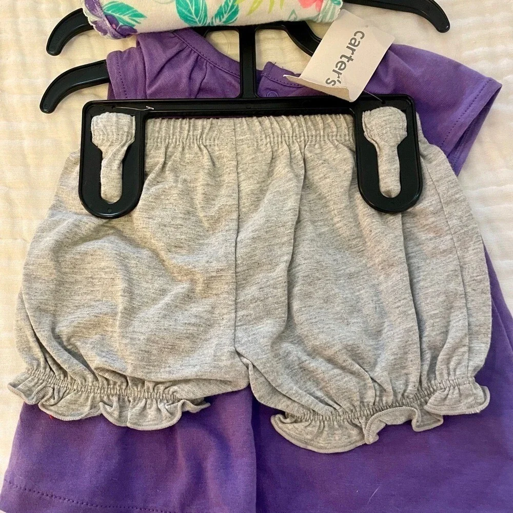 Carter's 3 piece Purple floral Baby romper and ‎ shirt/ pant set 6m New